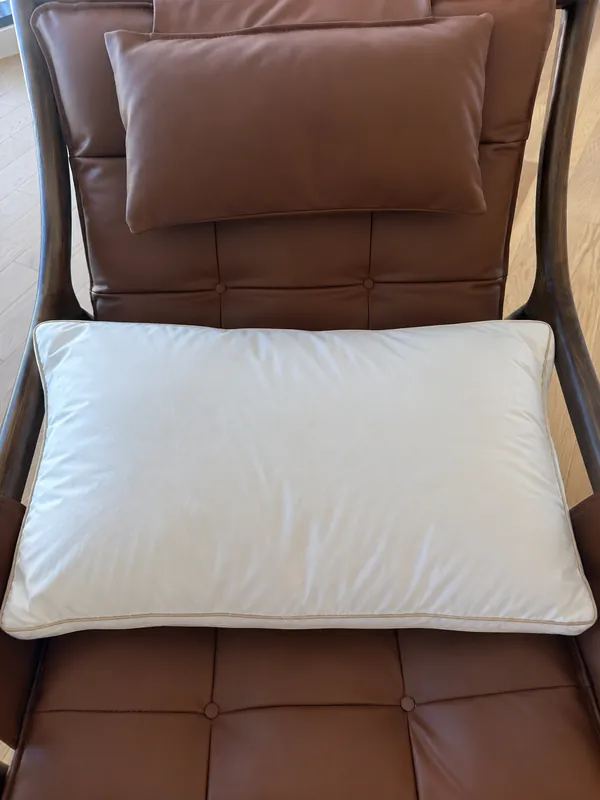 Review photo: the pillow resting on a brown leather lounge chair