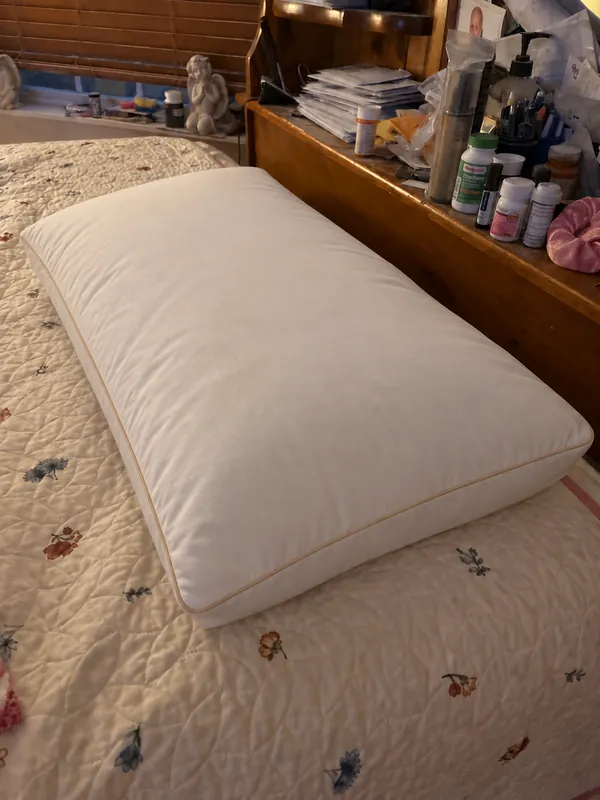 Review photo: the pillow on a quilted floral bedspread