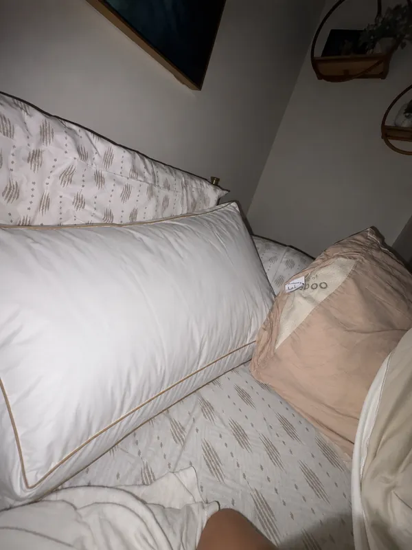 Review photo: the pillow on a bed with patterned sheets