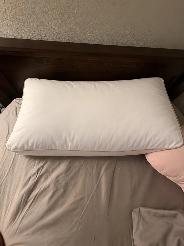 Review photo: the pillow on a bed against a dark wood headboard